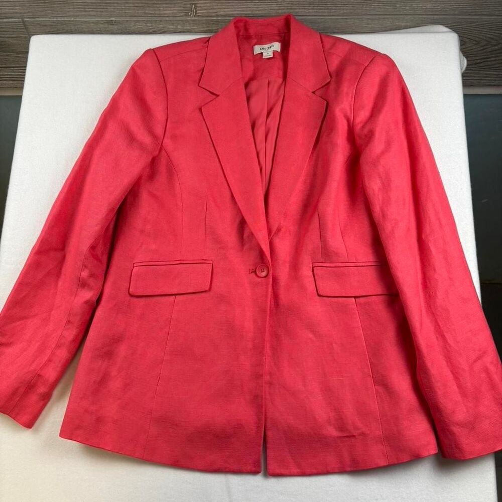 On 34th Coral Pink Linen Blazer | Structured Shoulder Pads | Size 6